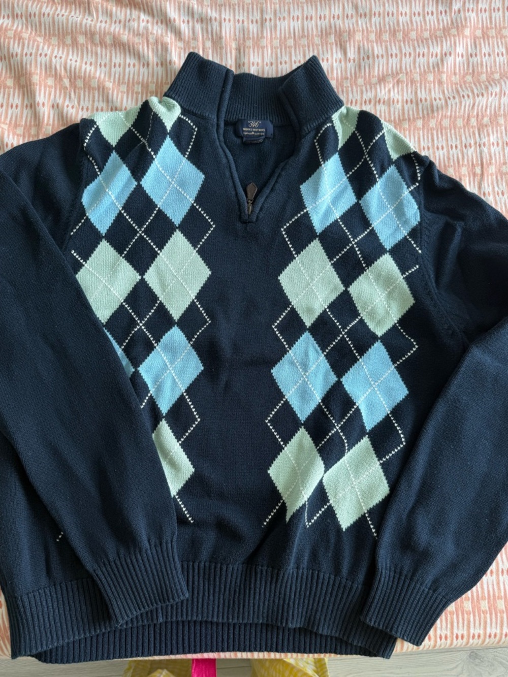 Men's Navy Argyle Half-Zip Sweater with Mint & Light Blue Diamonds